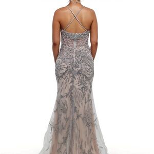 Elegant Silver Embellished Evening Gown